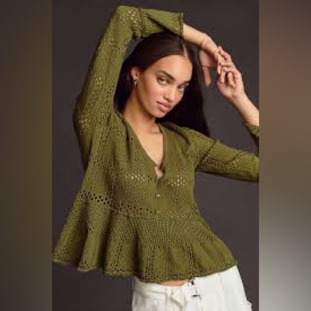 PILCRO Anthropologie Pointelle Babydoll Sweater Cotton Crochet Army Olive Green